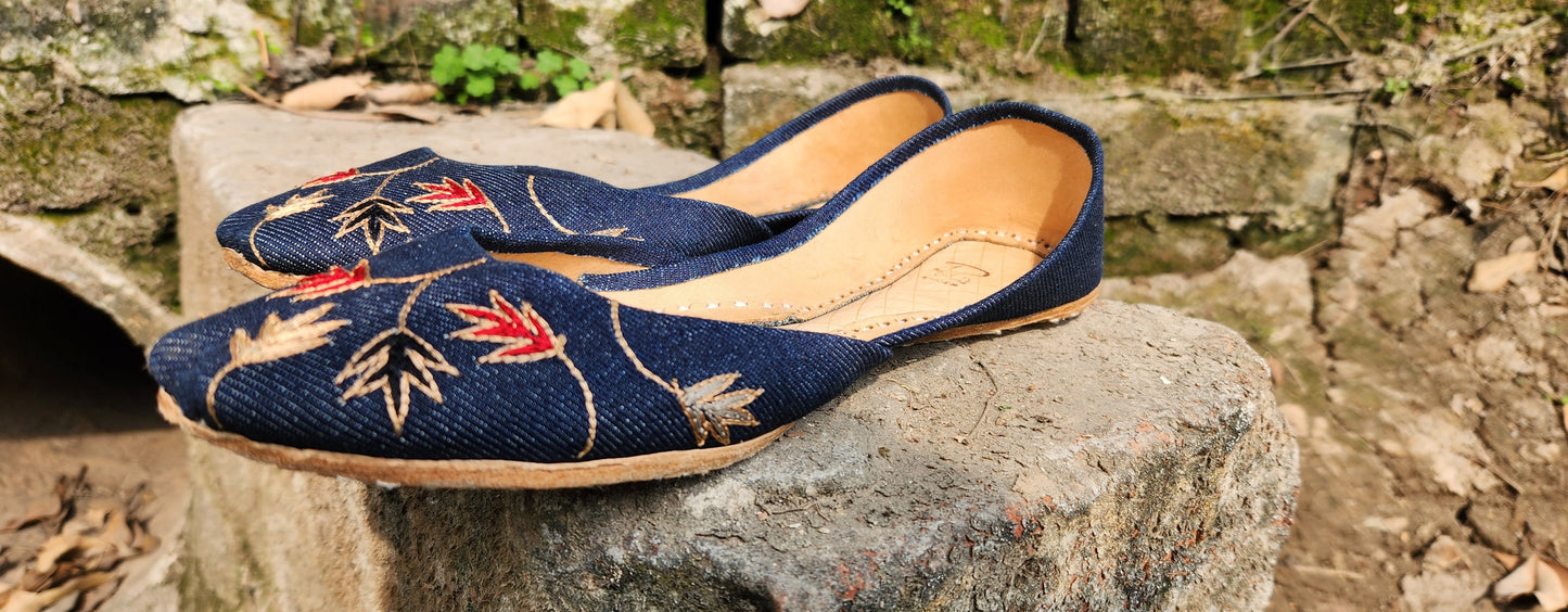 Hand-Embroidered Denim Khussa
